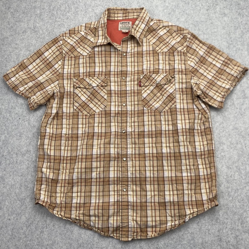 Levi's Shirt Mens Large Beige Plaid Western Pearl Snap Short Sleeve Casual